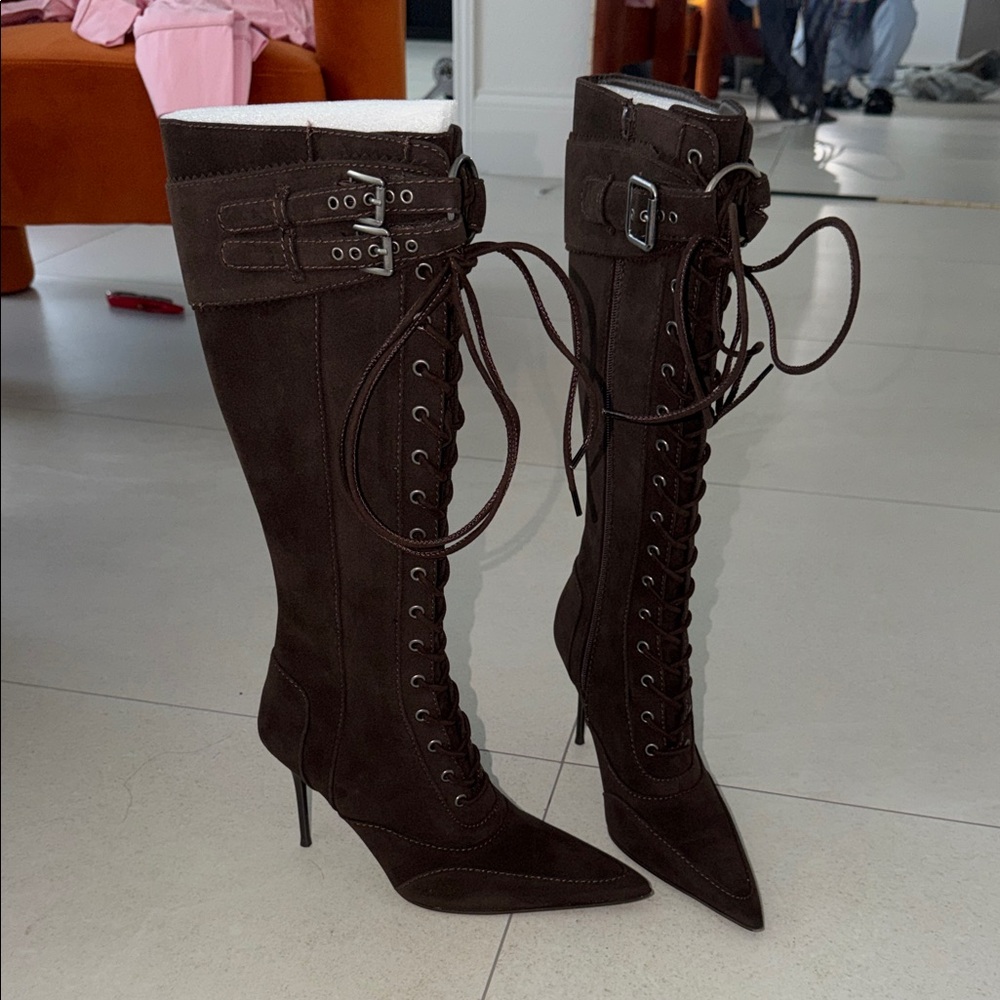 Elegant Dark Brown Lace-Up Knee-High Boots